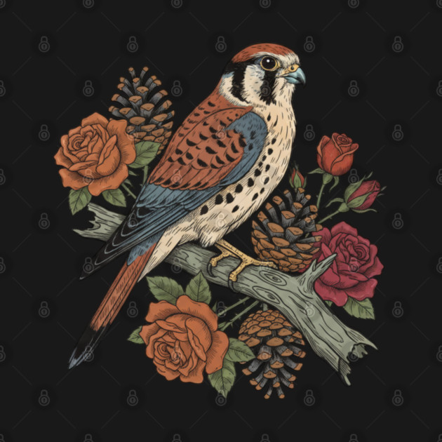 American Kestrel With Roses and Pinecones Bird Art by BirdsnStuff
