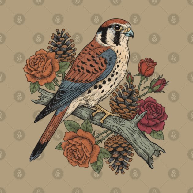American Kestrel With Roses and Pinecones Bird Art by BirdsnStuff