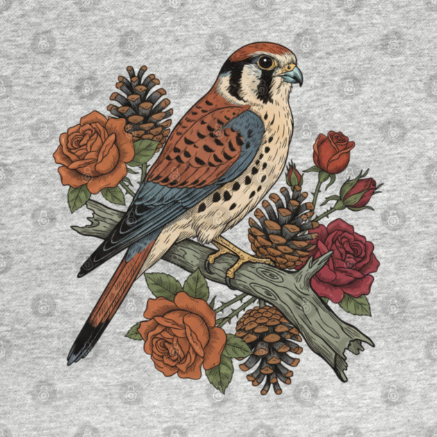 American Kestrel With Roses and Pinecones Bird Art by BirdsnStuff