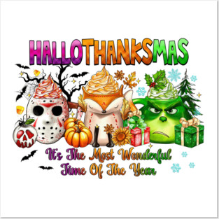 Happy Hallothanksmas Funny Coffee Lovers Holiday Season Celebration Posters and Art