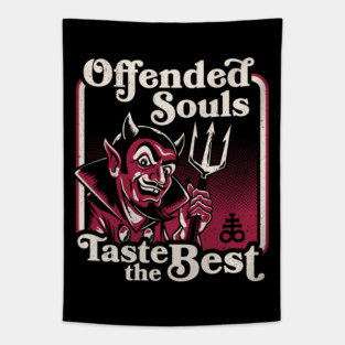 Offended Souls Taste the Best - Dark Humor Devil Graphic - Vintage Horror Tapestry