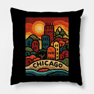 Chicago Neighborhood Folk Art Print | Retro Windy City Brownstones Pillow