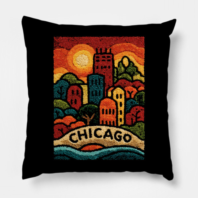 Chicago Neighborhood Folk Art Print | Retro Windy City Brownstones Pillow by TuncGK