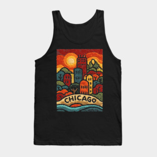 Chicago Neighborhood Folk Art Print | Retro Windy City Brownstones Tank Top