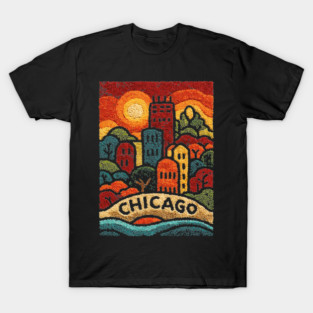 Chicago Neighborhood Folk Art Print | Retro Windy City Brownstones T-Shirt