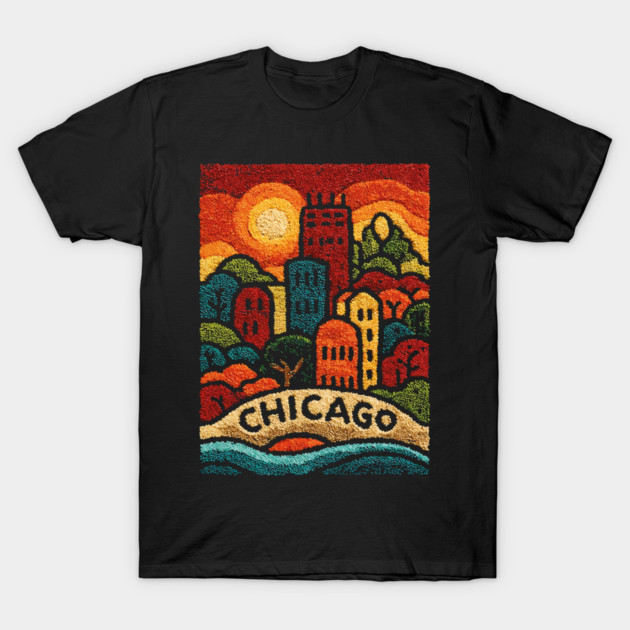 Chicago Neighborhood Folk Art Print | Retro Windy City Brownstones T-Shirt by TuncGK