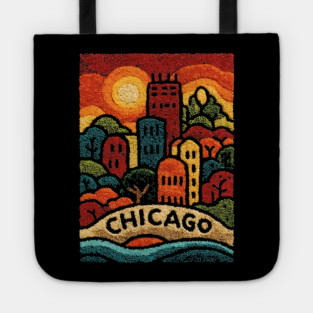 Chicago Neighborhood Folk Art Print | Retro Windy City Brownstones Tote