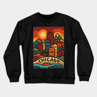 Chicago Neighborhood Folk Art Print | Retro Windy City Brownstones Crewneck Sweatshirt