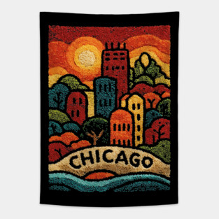 Chicago Neighborhood Folk Art Print | Retro Windy City Brownstones Tapestry
