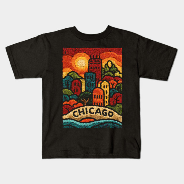 Chicago Neighborhood Folk Art Print | Retro Windy City Brownstones Kids T-Shirt by TuncGK