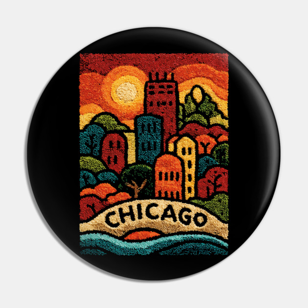 Chicago Neighborhood Folk Art Print | Retro Windy City Brownstones Pin by TuncGK