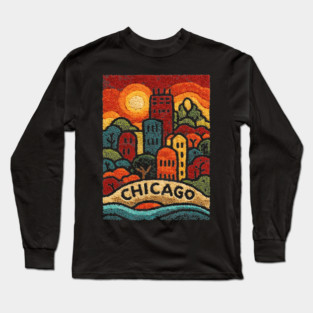 Chicago Neighborhood Folk Art Print | Retro Windy City Brownstones Long Sleeve T-Shirt