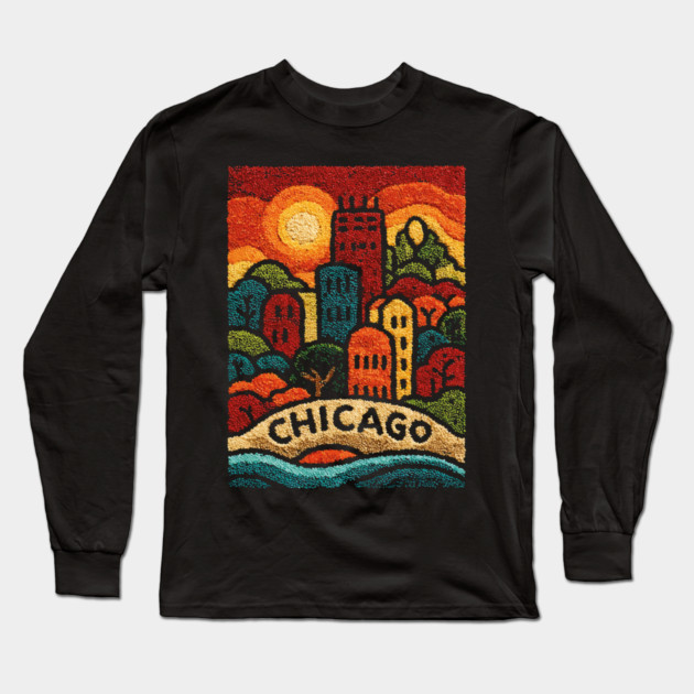 Chicago Neighborhood Folk Art Print | Retro Windy City Brownstones Long Sleeve T-Shirt by TuncGK