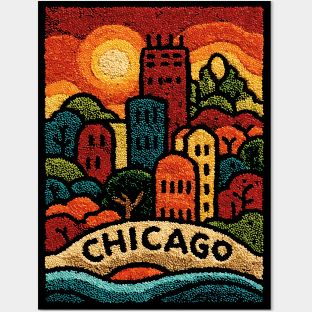 Chicago Neighborhood Folk Art Print | Retro Windy City Brownstones Wall Art by TuncGK
