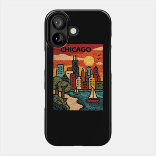 Chicago Skyline Linocut Poster | Vintage Lake Michigan Souvenir Phone Case