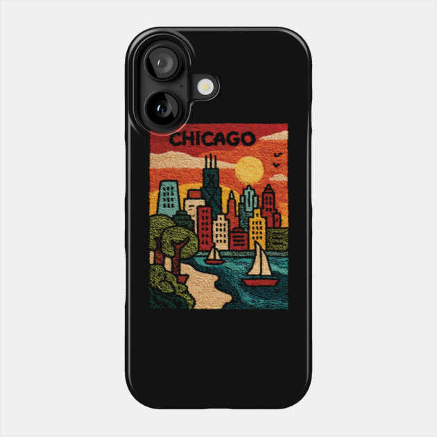 Chicago Skyline Linocut Poster | Vintage Lake Michigan Souvenir Phone Case by TuncGK