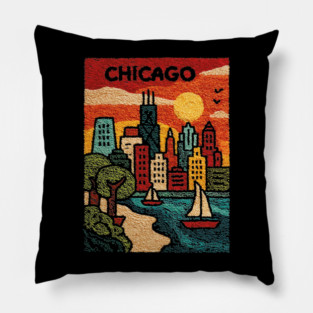 Chicago Skyline Linocut Poster | Vintage Lake Michigan Souvenir Pillow