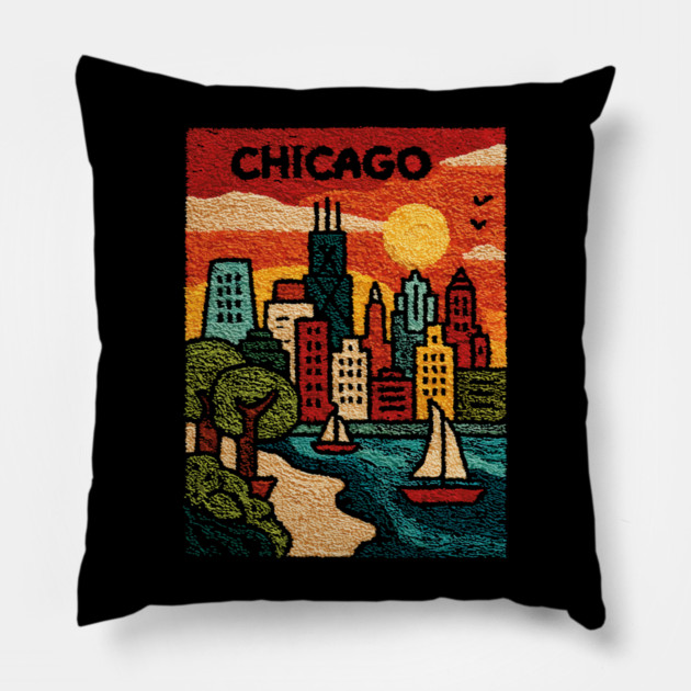 Chicago Skyline Linocut Poster | Vintage Lake Michigan Souvenir Pillow by TuncGK