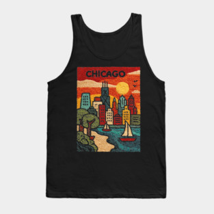 Chicago Skyline Linocut Poster | Vintage Lake Michigan Souvenir Tank Top