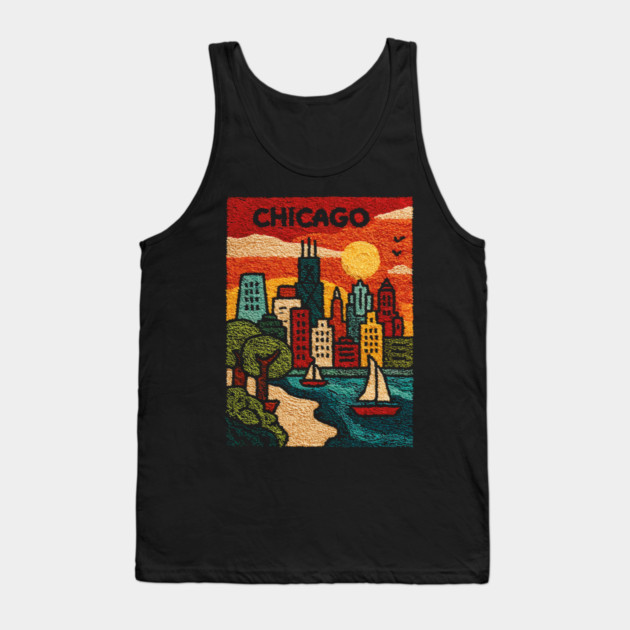 Chicago Skyline Linocut Poster | Vintage Lake Michigan Souvenir Tank Top by TuncGK