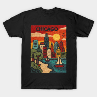 Chicago Skyline Linocut Poster | Vintage Lake Michigan Souvenir T-Shirt