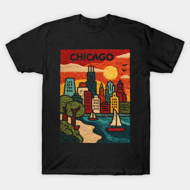 Chicago Skyline Linocut Poster | Vintage Lake Michigan Souvenir T-Shirt by TuncGK