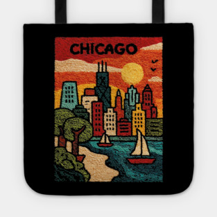 Chicago Skyline Linocut Poster | Vintage Lake Michigan Souvenir Tote