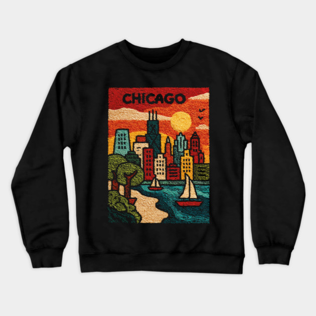 Chicago Skyline Linocut Poster | Vintage Lake Michigan Souvenir Crewneck Sweatshirt by TuncGK