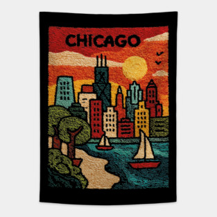 Chicago Skyline Linocut Poster | Vintage Lake Michigan Souvenir Tapestry