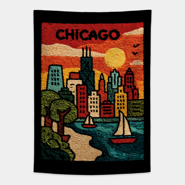 Chicago Skyline Linocut Poster | Vintage Lake Michigan Souvenir Tapestry by TuncGK