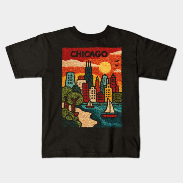 Chicago Skyline Linocut Poster | Vintage Lake Michigan Souvenir Kids T-Shirt by TuncGK
