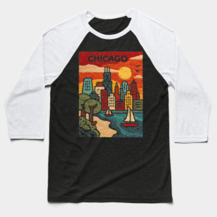 Chicago Skyline Linocut Poster | Vintage Lake Michigan Souvenir Baseball T-Shirt