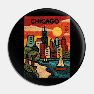 Chicago Skyline Linocut Poster | Vintage Lake Michigan Souvenir Pin