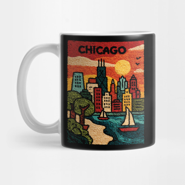 Chicago Skyline Linocut Poster | Vintage Lake Michigan Souvenir by TuncGK