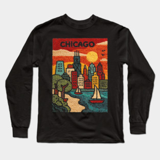 Chicago Skyline Linocut Poster | Vintage Lake Michigan Souvenir Long Sleeve T-Shirt