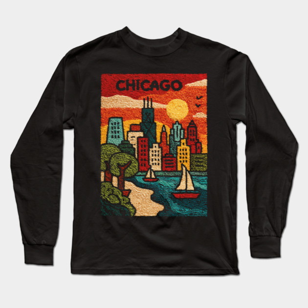 Chicago Skyline Linocut Poster | Vintage Lake Michigan Souvenir Long Sleeve T-Shirt by TuncGK