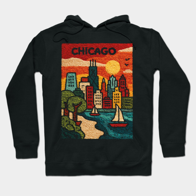 Chicago Skyline Linocut Poster | Vintage Lake Michigan Souvenir Hoodie by TuncGK