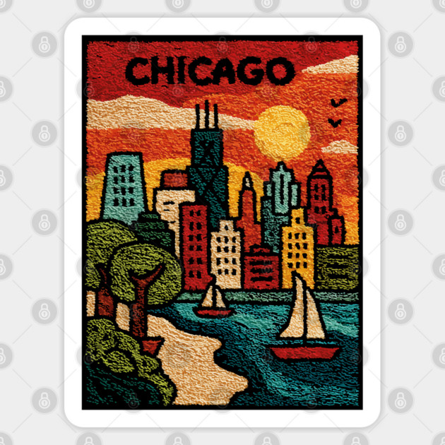 Chicago Skyline Linocut Poster | Vintage Lake Michigan Souvenir Sticker by TuncGK