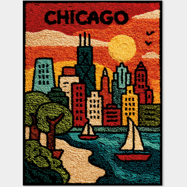 Chicago Skyline Linocut Poster | Vintage Lake Michigan Souvenir Wall Art by TuncGK