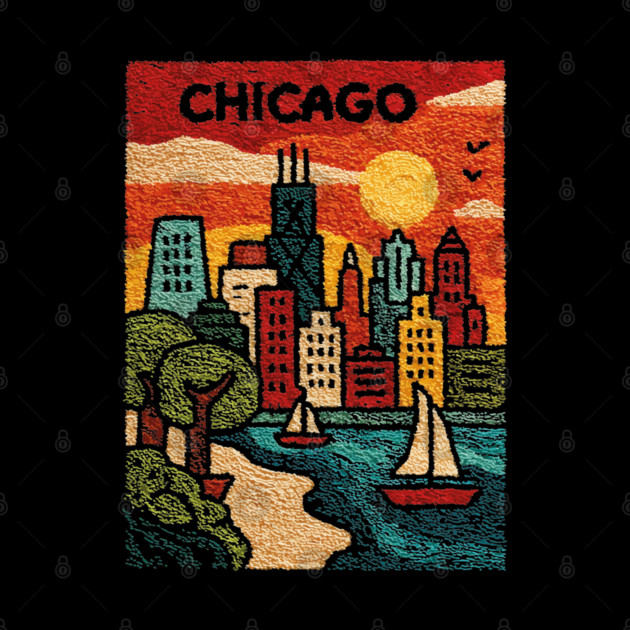 Chicago Skyline Linocut Poster | Vintage Lake Michigan Souvenir by TuncGK