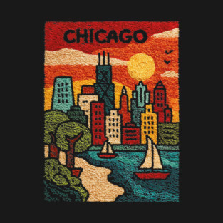 Chicago Skyline Linocut Poster | Vintage Lake Michigan Souvenir T-Shirt