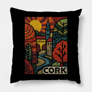 Historic Cork City Linocut Print | Ireland's River Lee & Shandon Bells Pillow