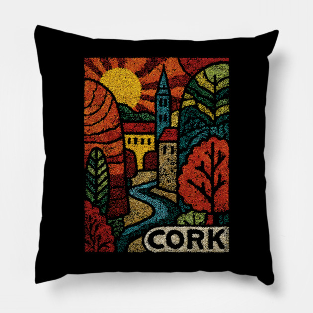Historic Cork City Linocut Print | Ireland's River Lee & Shandon Bells Pillow by TuncGK