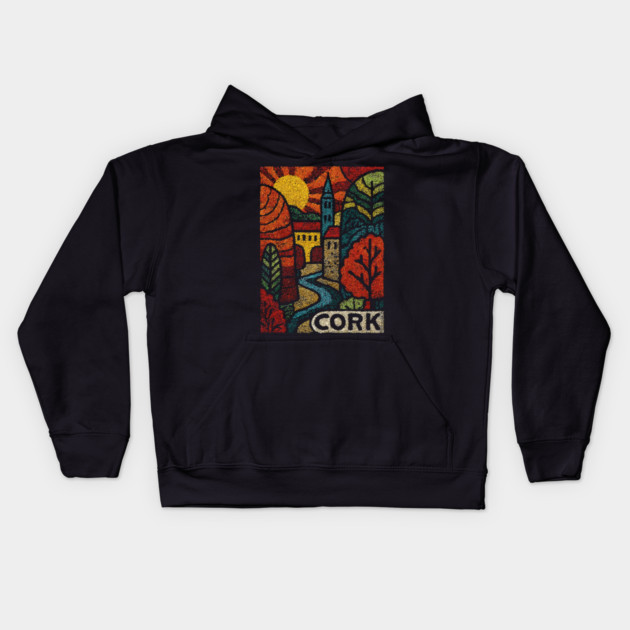 Historic Cork City Linocut Print | Ireland's River Lee & Shandon Bells Kids Hoodie by TuncGK