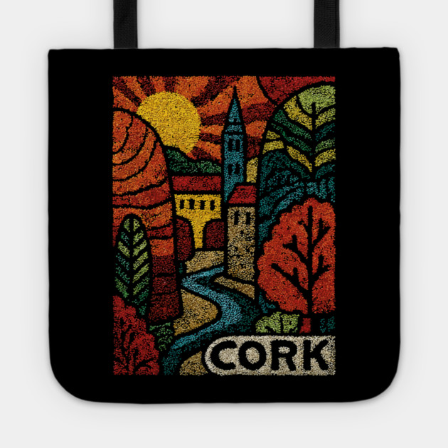 Historic Cork City Linocut Print | Ireland's River Lee & Shandon Bells Tote by TuncGK