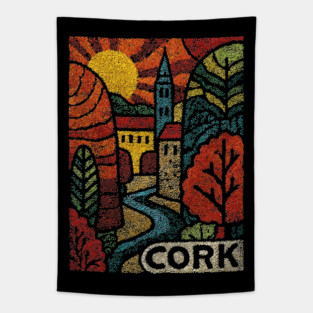 Historic Cork City Linocut Print | Ireland's River Lee & Shandon Bells Tapestry