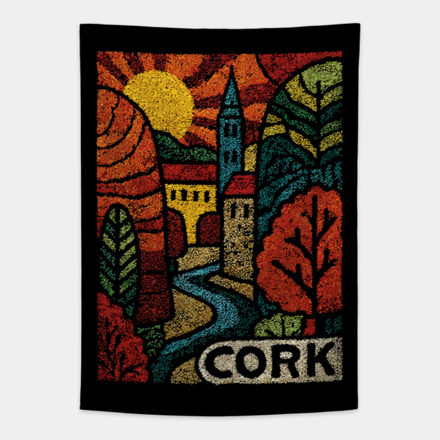 Historic Cork City Linocut Print | Ireland's River Lee & Shandon Bells Tapestry by TuncGK