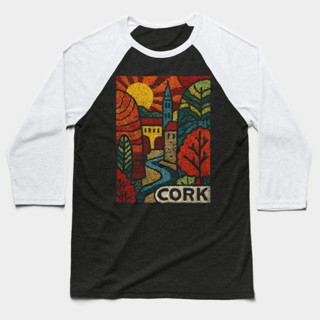 Historic Cork City Linocut Print | Ireland's River Lee & Shandon Bells Baseball T-Shirt by TuncGK