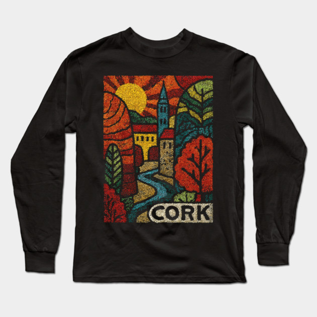 Historic Cork City Linocut Print | Ireland's River Lee & Shandon Bells Long Sleeve T-Shirt by TuncGK