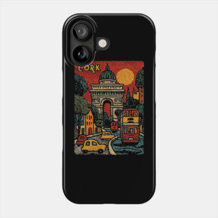 Whimsical European City Linocut Print | Retro European Vacation Souvenir Phone Case